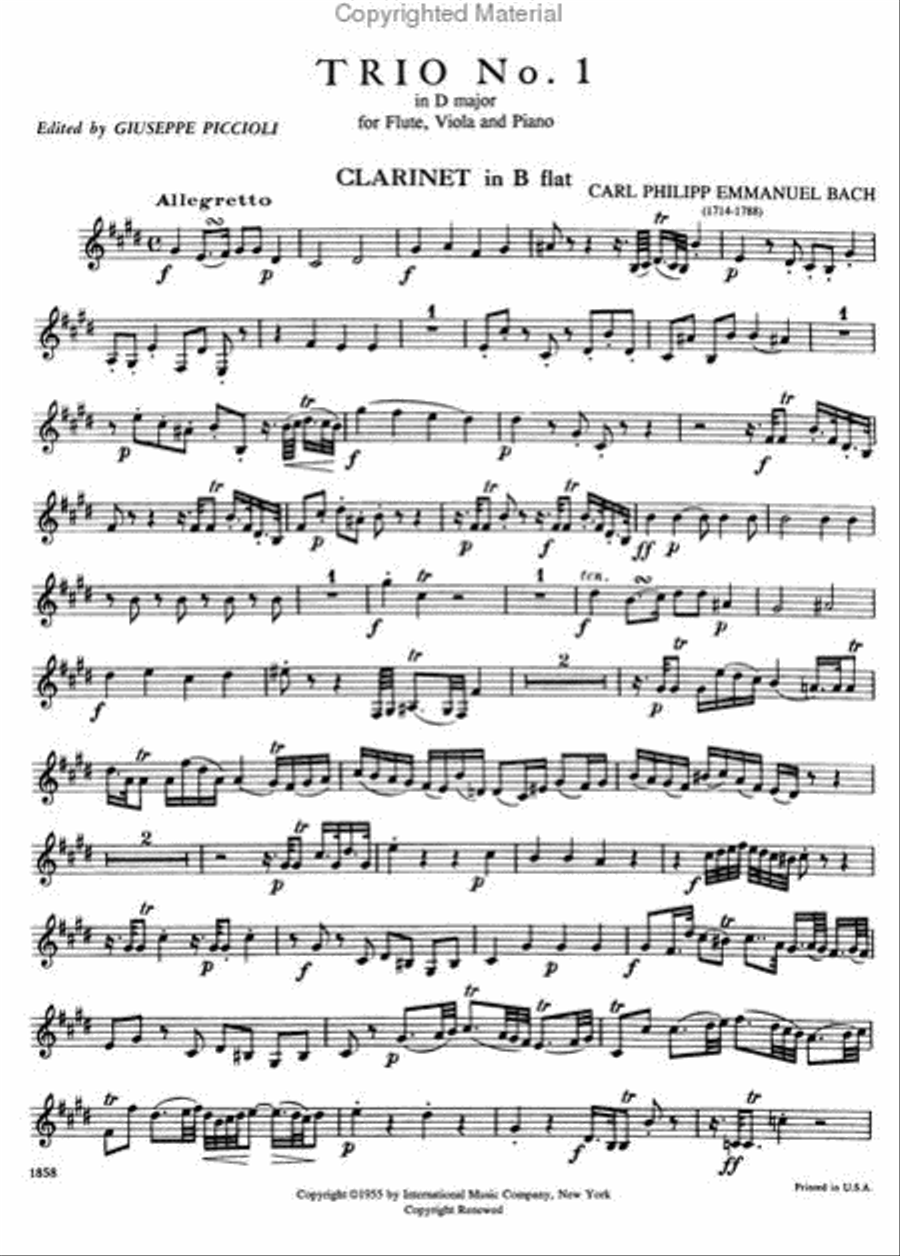 Trio No. 1 in D major for Flute, Clarinet & Piano or Flute (Violin), Viola & Piano Clarinet scores gallery preview page 4