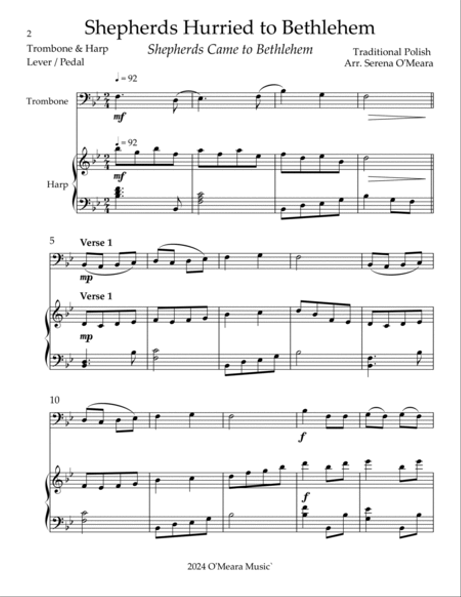 Shepherds Hurried to Bethlehem, Duet for Trombone & Harp Trombone Duet scores gallery preview page 2