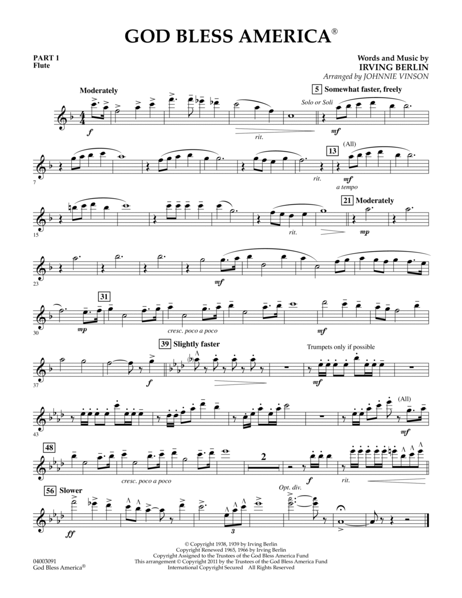 God Bless America - Pt.1 - Flute Concert Band scores gallery preview page 1