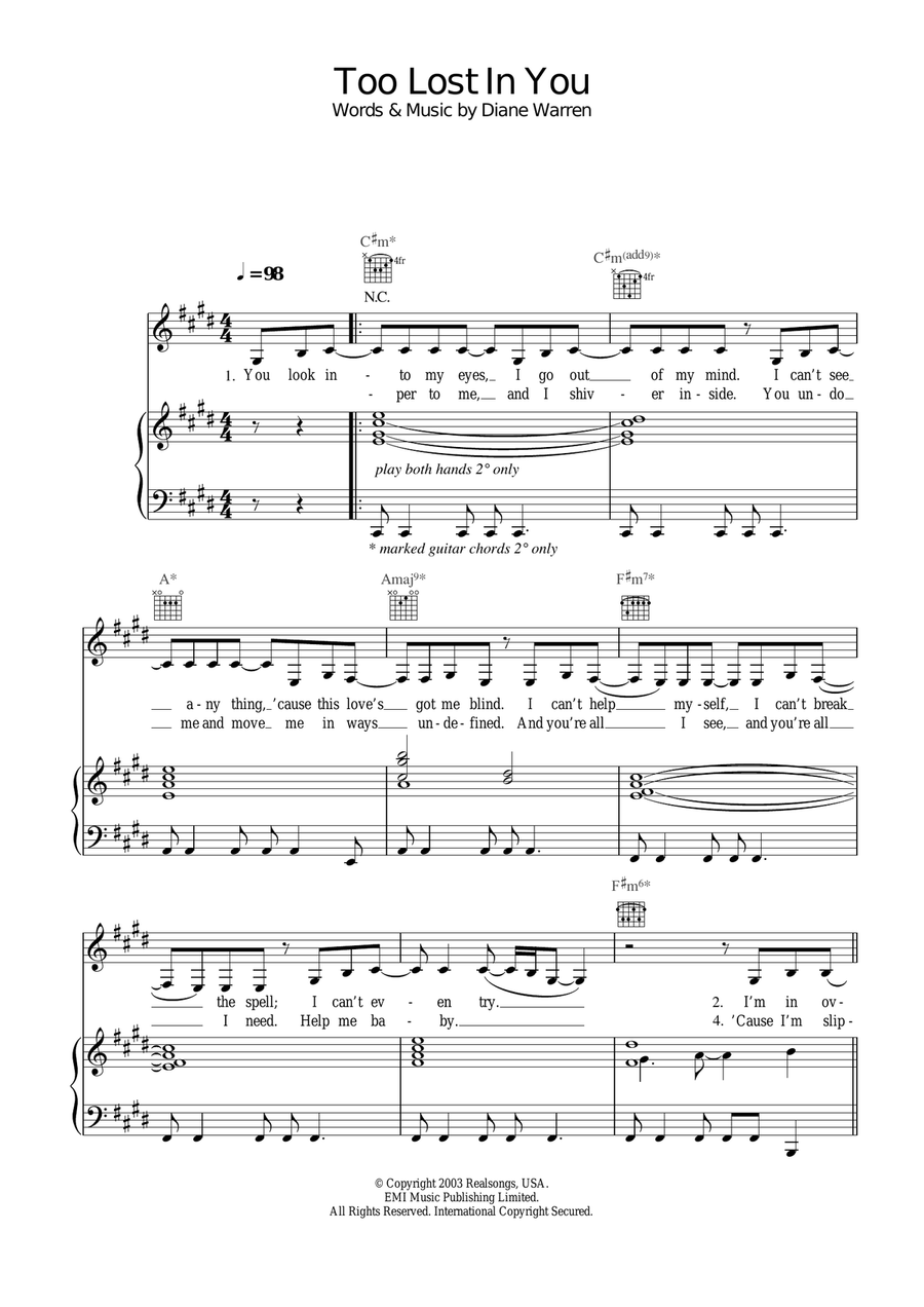 Too Lost In You Too Lost In You Piano, Vocal, Guitar scores gallery preview page 1