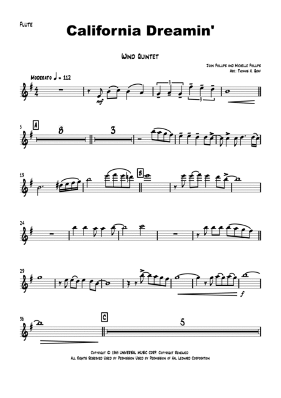 California Dreamin' Woodwind Quintet scores gallery preview page 6