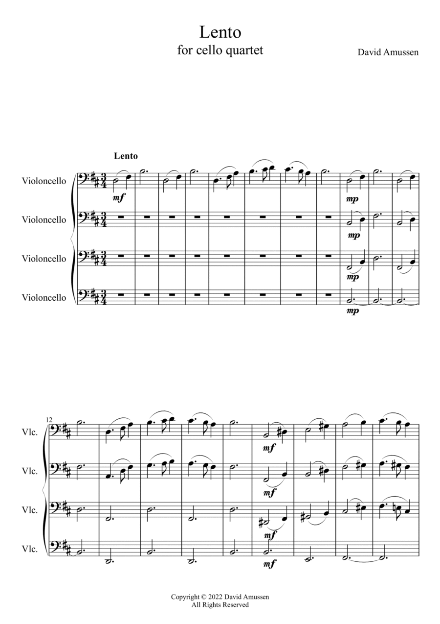 Lento for cello quartet - Score Only Cello scores gallery preview page 1