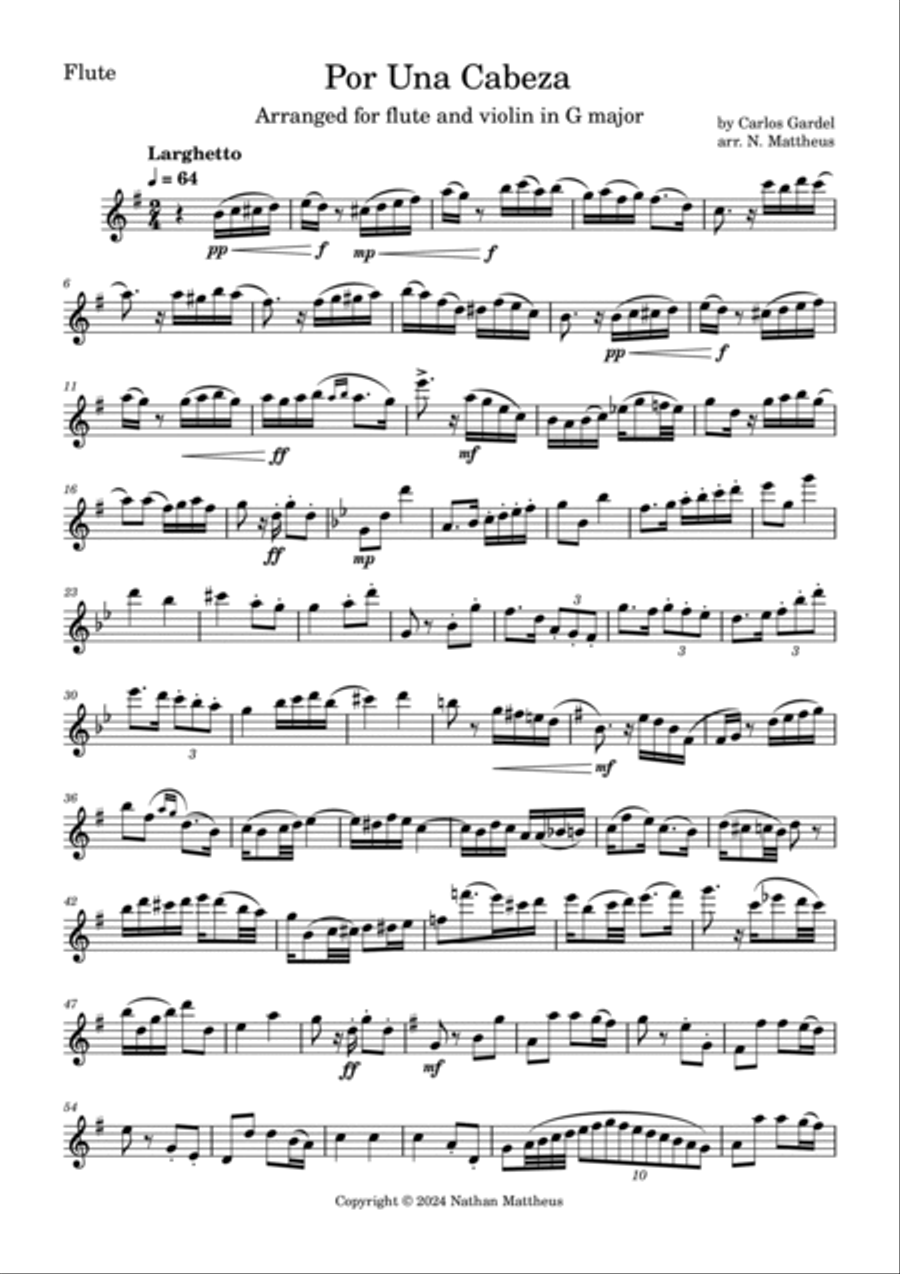 Por Una Cabeza by Carlos Gardel for Flute&Violin Duet Flute scores gallery preview page 6