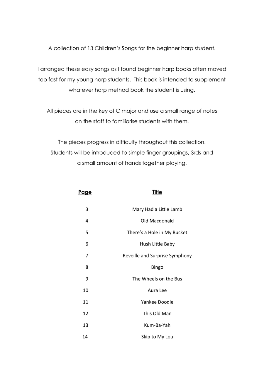 Children's Songs for Harp Book 1 - 13 easy songs for Kids Celtic Harp scores gallery preview page 2