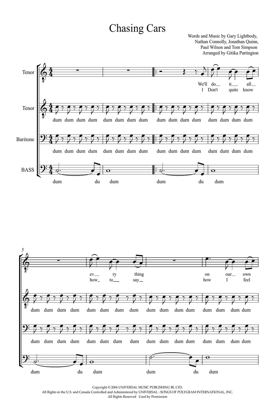 Chasing Cars (arr. Gitika Partington) TTBB scores gallery preview page 1