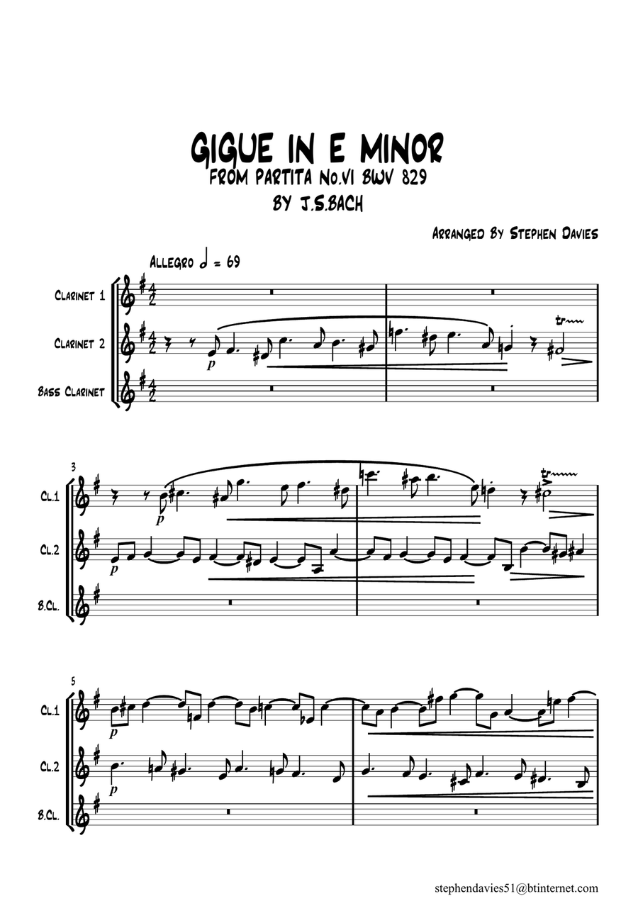 Gigue in E Minor by J.S.Bach BWV829a, for Clarinet Trio. Clarinet Trio scores gallery preview page 1