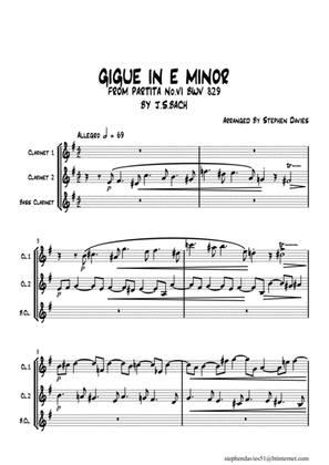 Book cover for Gigue in E Minor by J.S.Bach BWV829a, for Clarinet Trio.