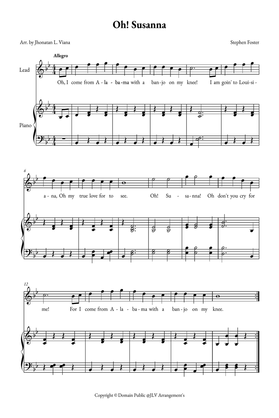 Oh! Susanna Piano, Vocal scores gallery preview page 1