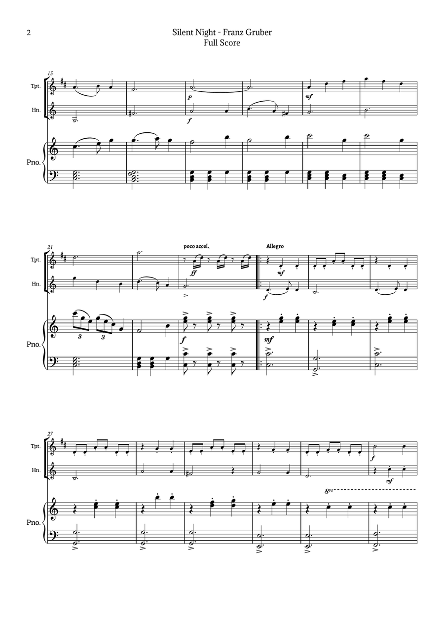 Silent Night for Trumpet and Horn Duet with Piano Brass Duet scores gallery preview page 2