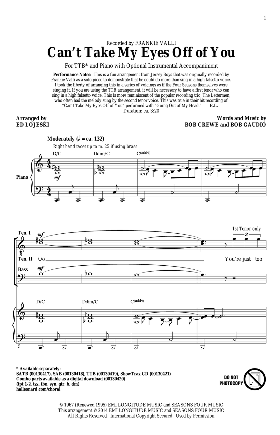 Can't Take My Eyes Off Of You (from Jersey Boys) (arr. Ed Lojeski) TTBB scores gallery preview page 1
