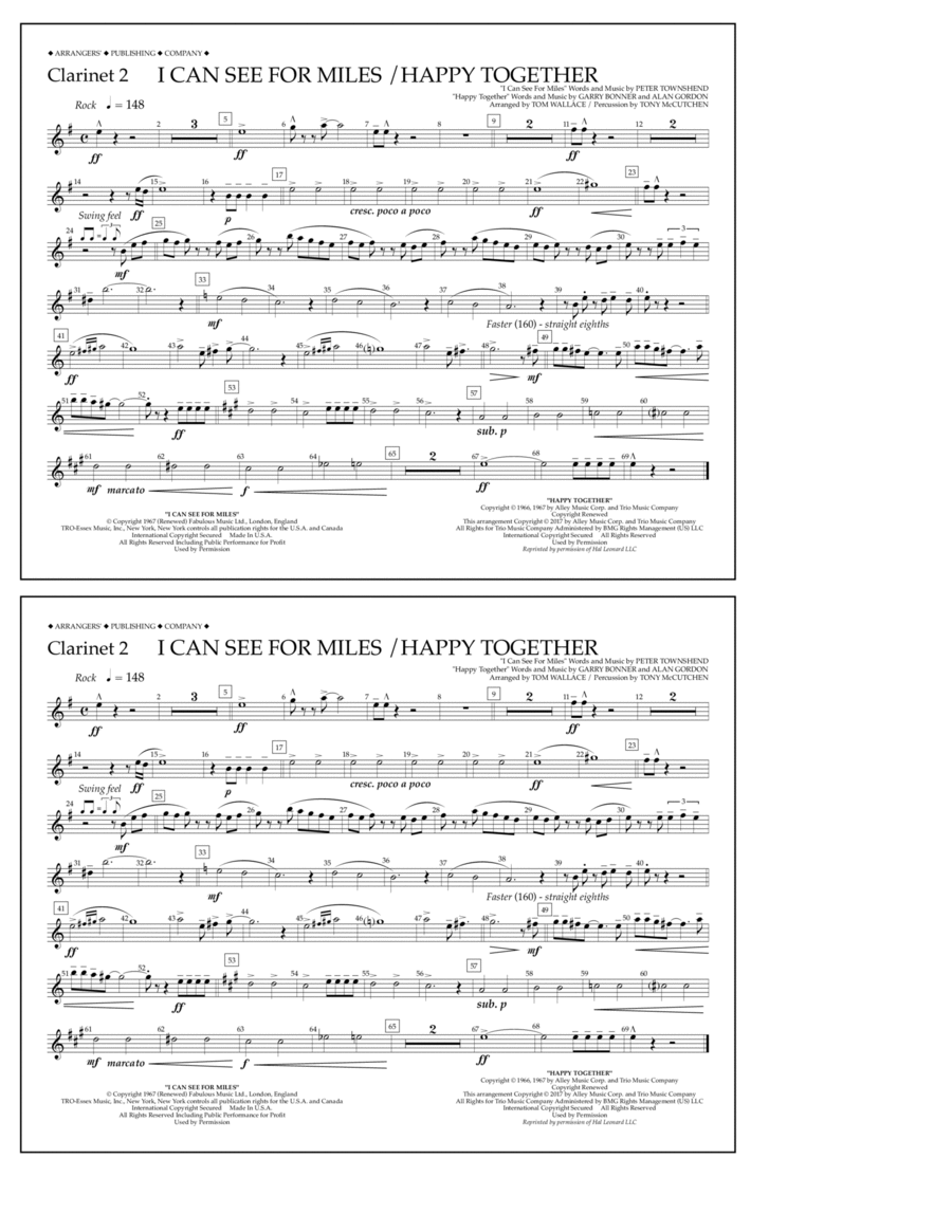 I Can See for Miles/Happy Together - Clarinet 2 Marching Band scores gallery preview page 1