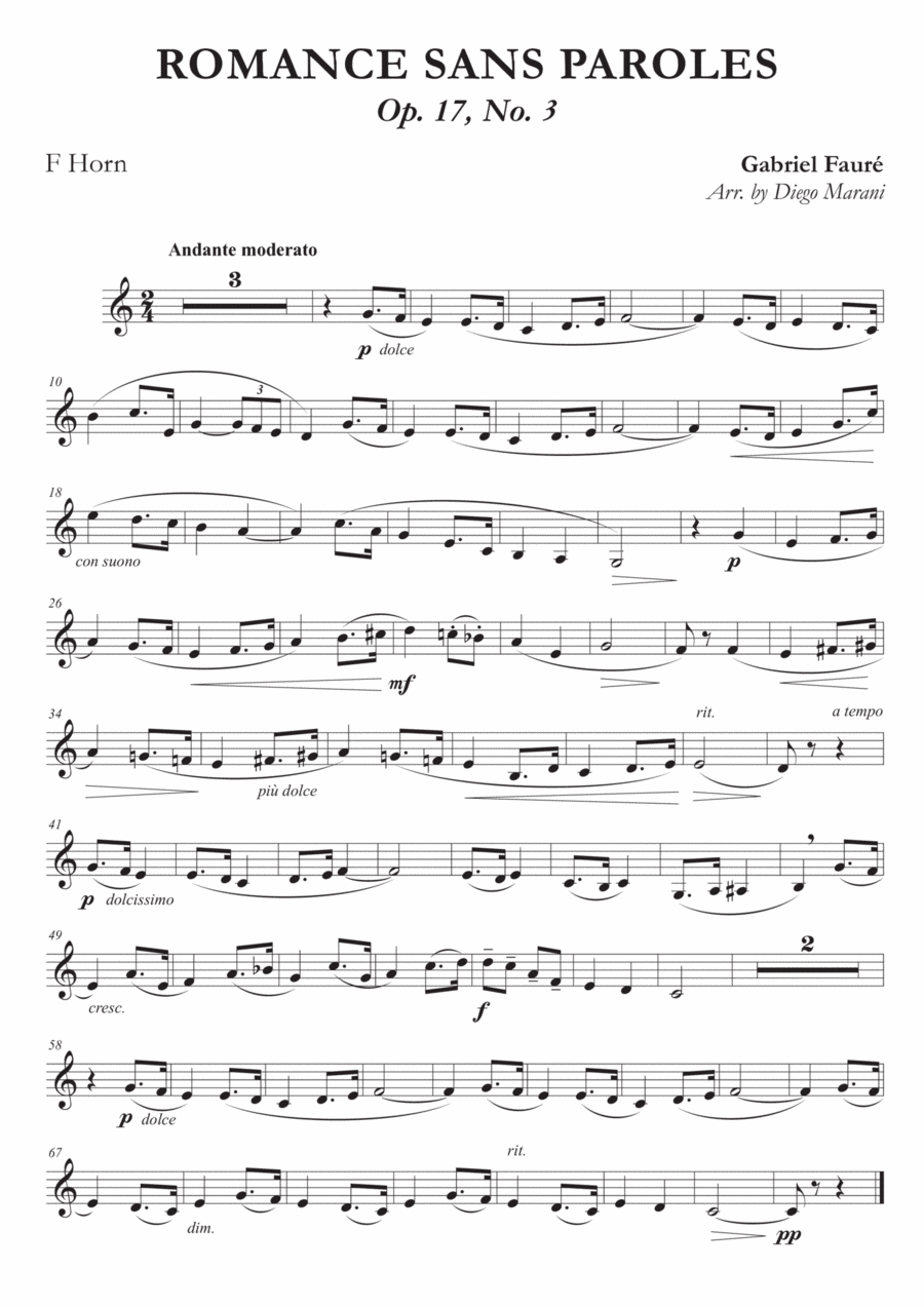 Romances Sans Paroles Op. 17, No. 3 for Horn and Piano Horn scores gallery preview page 1