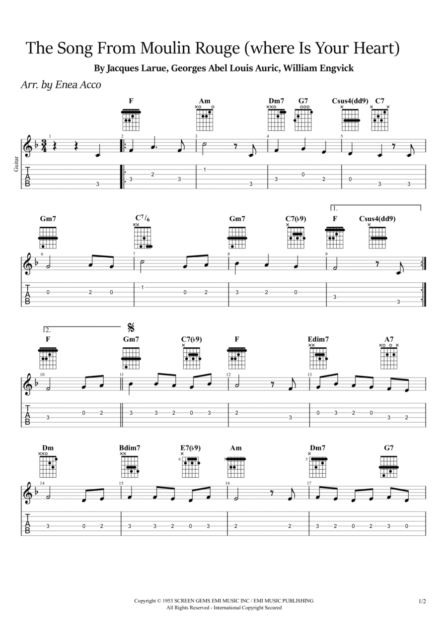 The Song From Moulin Rouge (where Is Your Heart) Piano scores gallery preview page 1