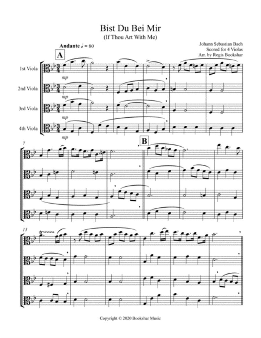 Bist Du Bei Mir (Viola Quartet) String Quartet scores gallery preview page 1