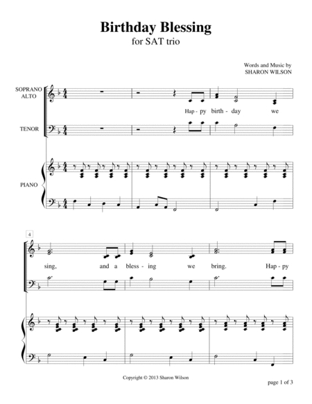 Birthday Blessing (for SAT trio) by Sharon Wilson High Voice - Digital Sheet Music