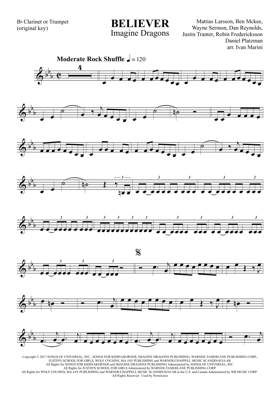 Believer B-Flat Clarinet scores gallery preview page 1