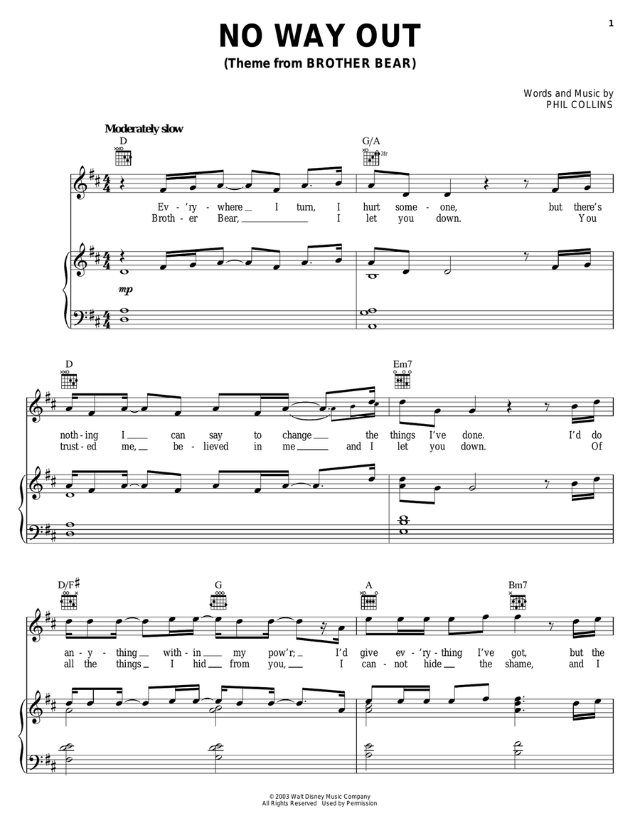 No Way Out (from Brother Bear) Piano, Vocal, Guitar scores gallery preview page 1