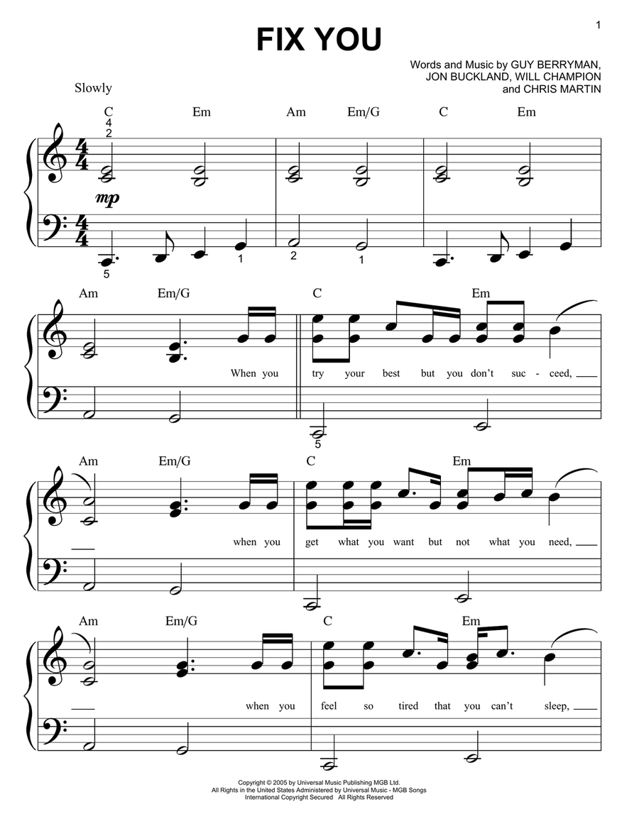 Fix You Easy Piano scores gallery preview page 1