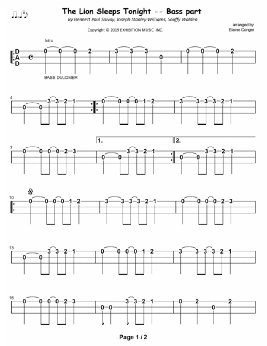 The Lion Sleeps Tonight Dulcimer scores gallery preview page 2