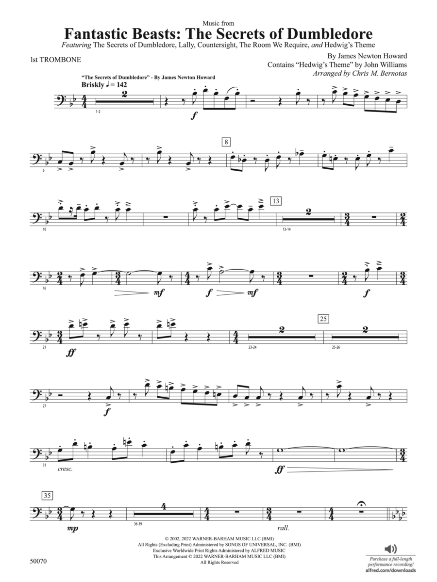 Fantastic Beasts: The Secrets of Dumbledore: 1st Trombone Concert Band scores gallery preview page 1