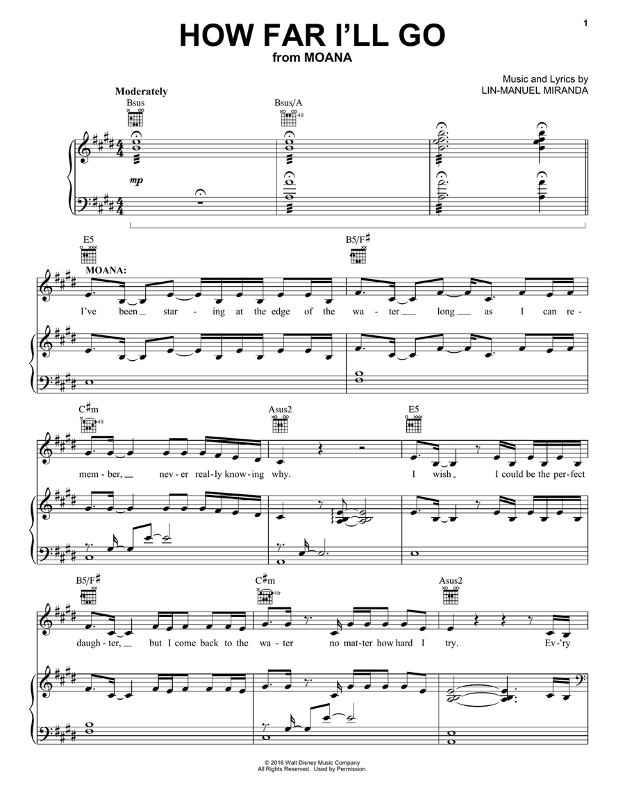 How Far I'll Go (from Moana) Piano, Vocal, Guitar scores gallery preview page 1