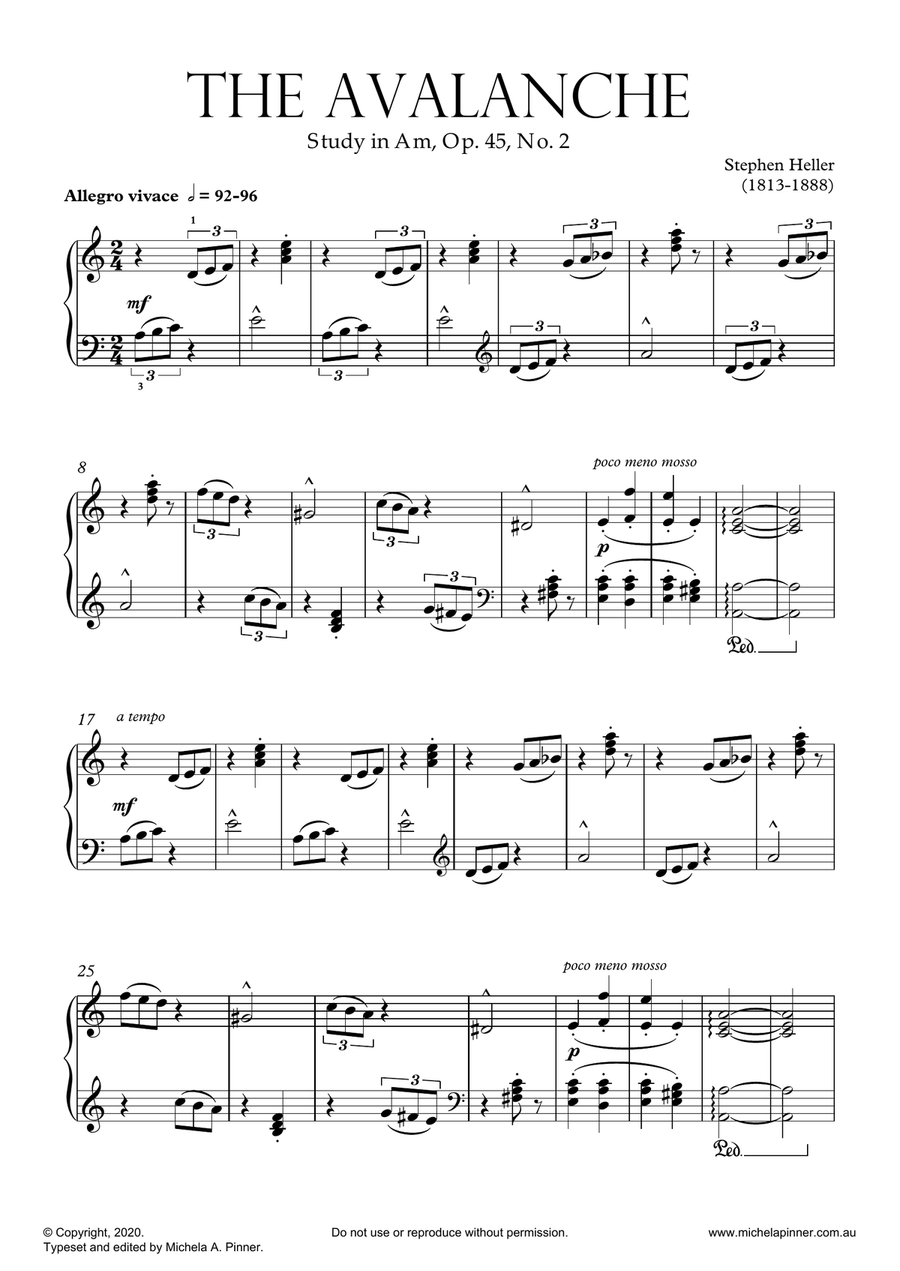 The Avalanche (Study in Am, Op 45, No 2) by Heller Piano Method scores gallery preview page 1