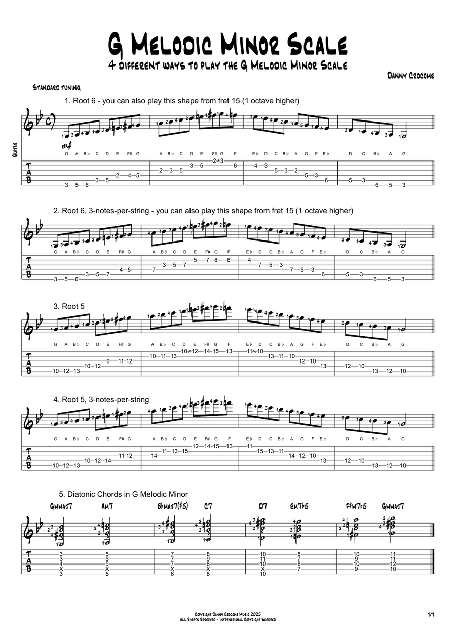 G Melodic Minor Scale (4 Ways to Play) Electric Guitar scores gallery preview page 1