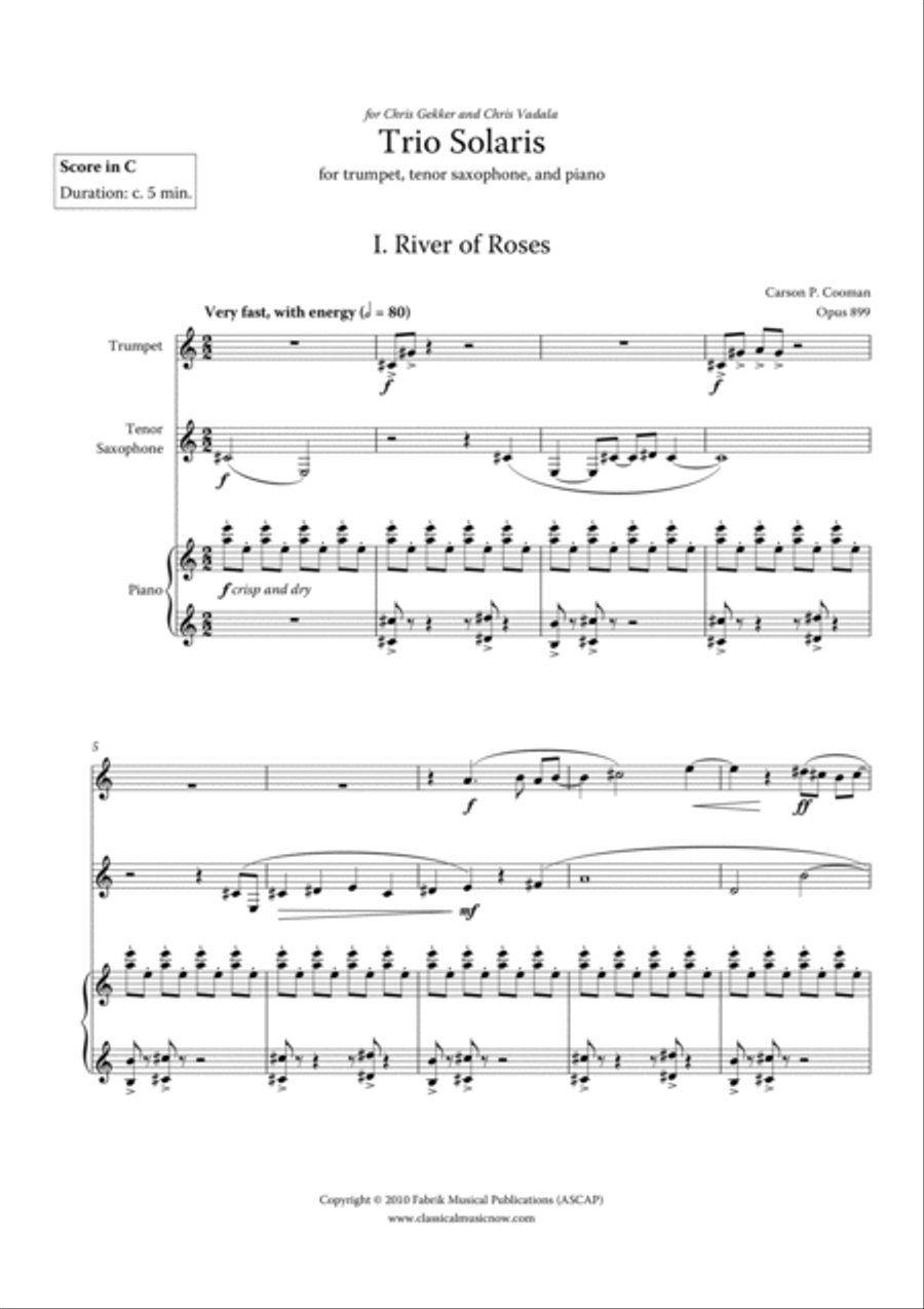 Carson Cooman - Trio Solaris (2010), for trumpet, tenor saxophone, and piano Small Ensemble scores gallery preview page 3