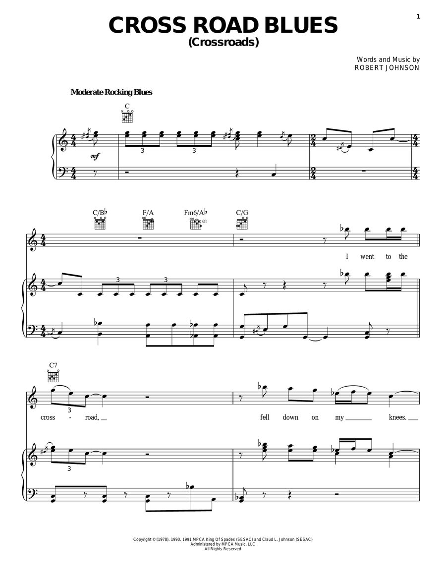 Cross Road Blues (Crossroads) Piano, Vocal, Guitar scores gallery preview page 1
