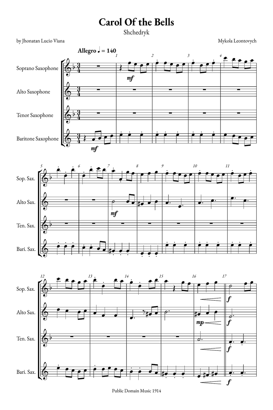 Carol of the Bells Saxophone Quartet scores gallery preview page 1