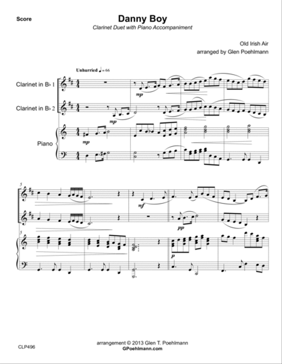 DANNY BOY - CLARINET DUET with Piano Accompaniment Clarinet Duet scores gallery preview page 1