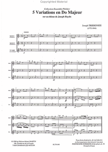 Cinq variations en do majeur, 2 hautbois + cor anglais