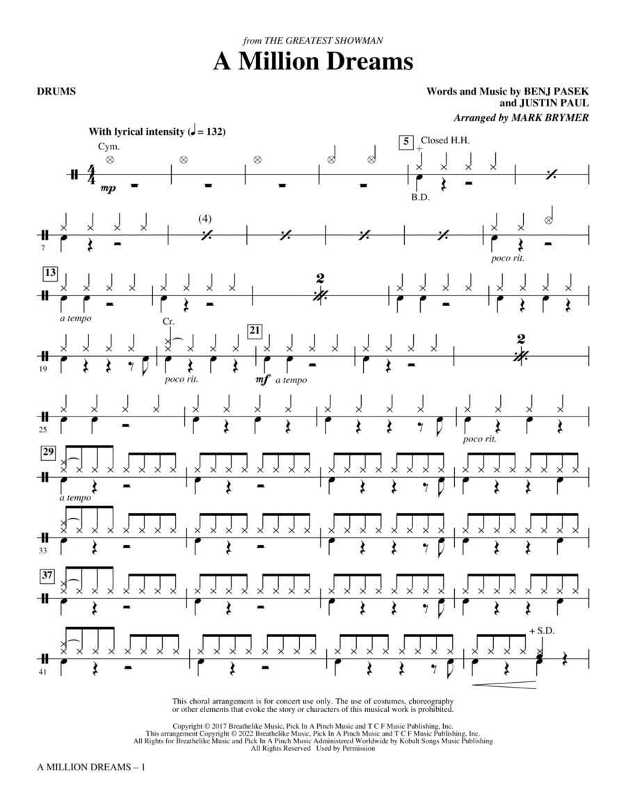 A Million Dreams (from The Greatest Showman) (arr. Mark Brymer) - Drums Choir scores gallery preview page 1