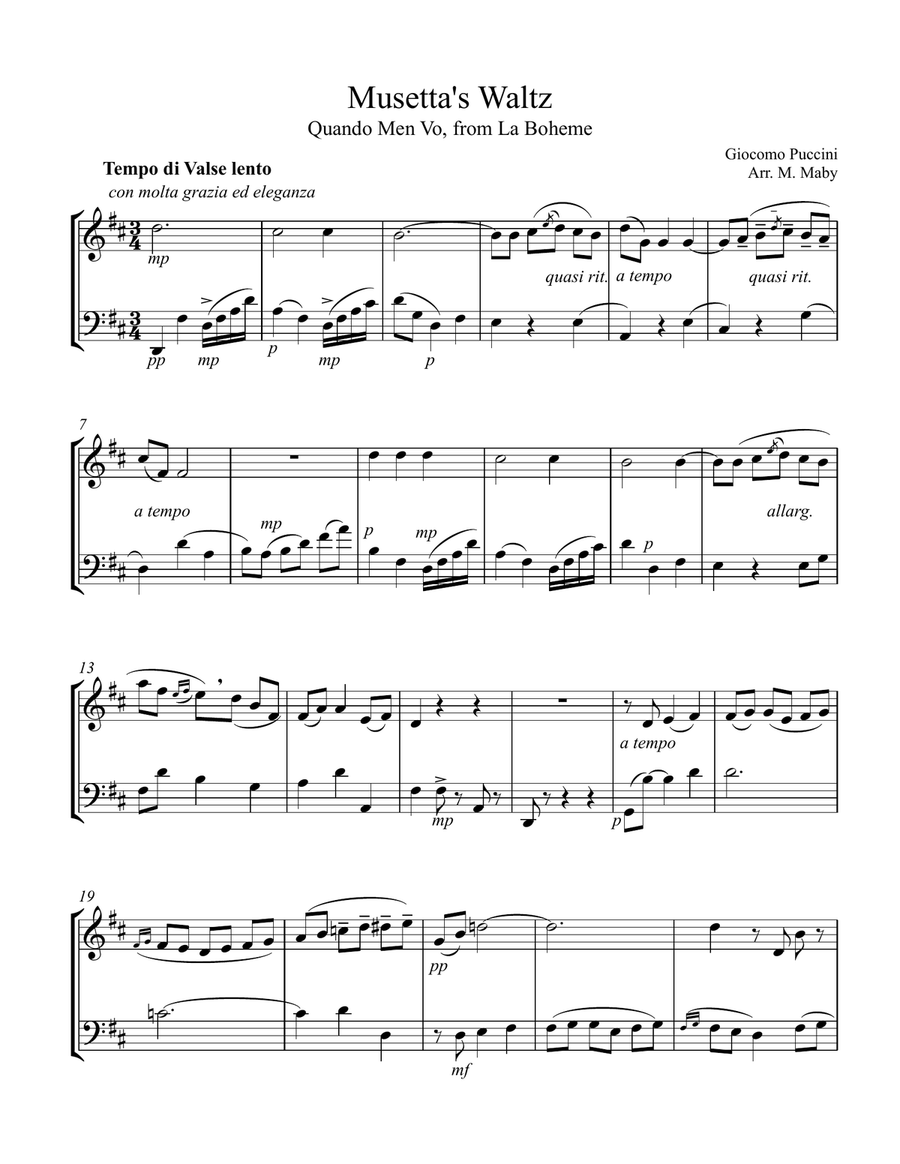 Musetta's Waltz from La Boheme, for violin and cello duet String Duet scores gallery preview page 1