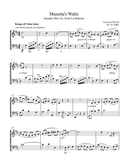 Musetta's Waltz from La Boheme, for violin and cello duet