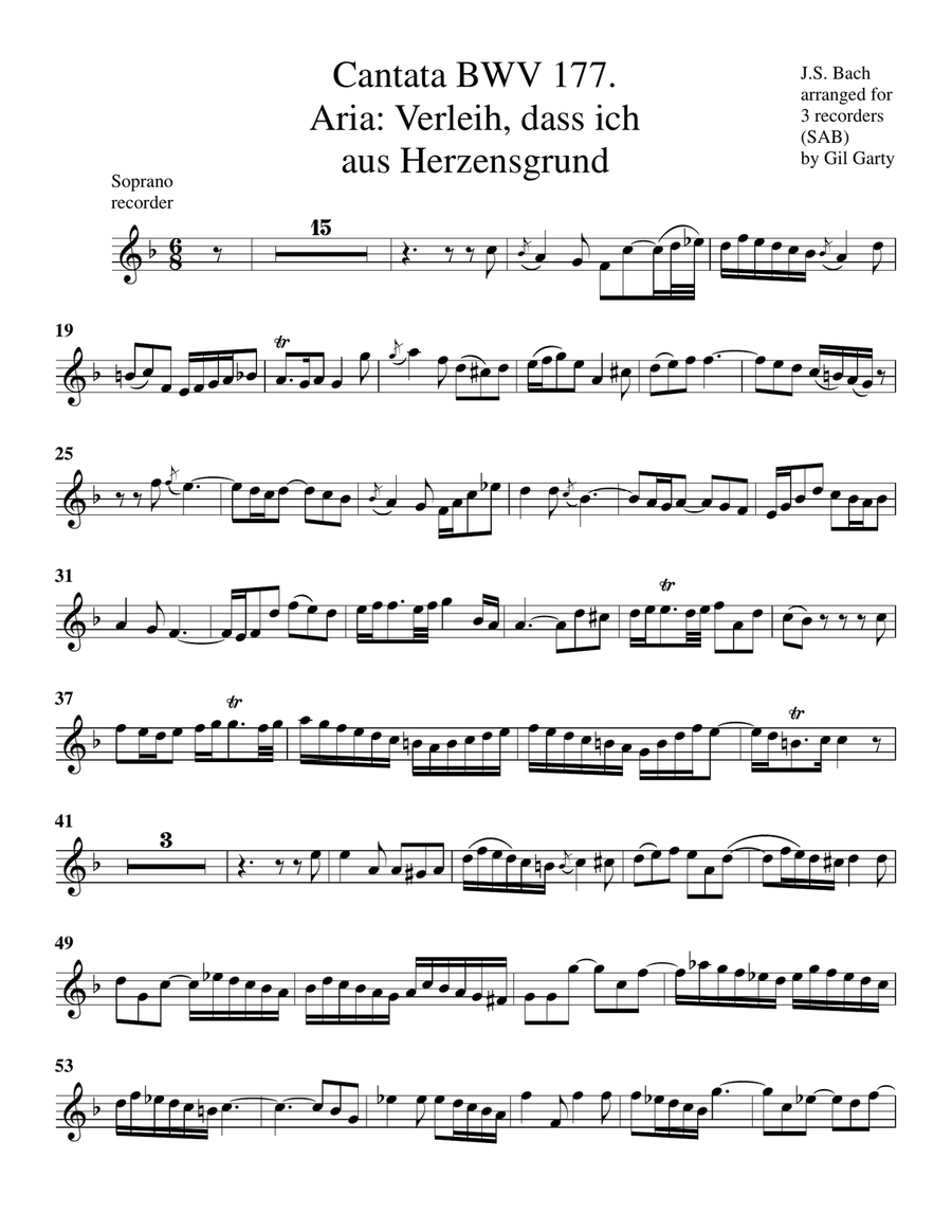 Aria: Verleih, dass ich aus Herzensgrund from cantata BWV 177 (arrangement for 3 recorders (SAB)) 3-Part scores gallery preview page 6