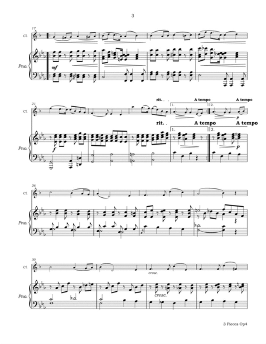 3 Pieces Op4 for Clarinet and Piano B-Flat Clarinet scores gallery preview page 6