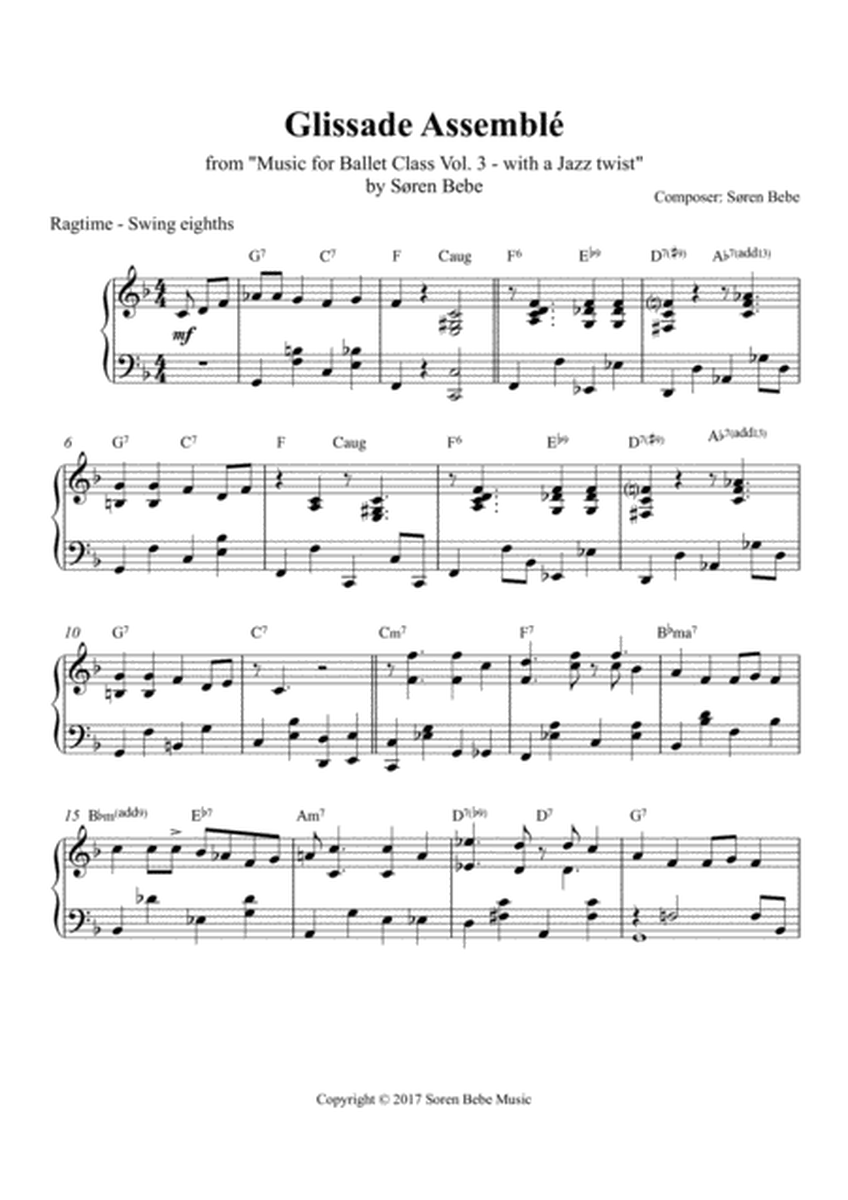 Glissade Assemblé (ragtime jazz style) - Sheet Music for Ballet Class - from Music for Ballet Class Vol.3 - with a Jazz twist - by Søren Bebe image number null