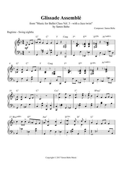 Glissade Assemblé (ragtime jazz style) - Sheet Music for Ballet Class - from Music for Ballet Class Vol.3 - with a Jazz twist - by Søren Bebe image number null