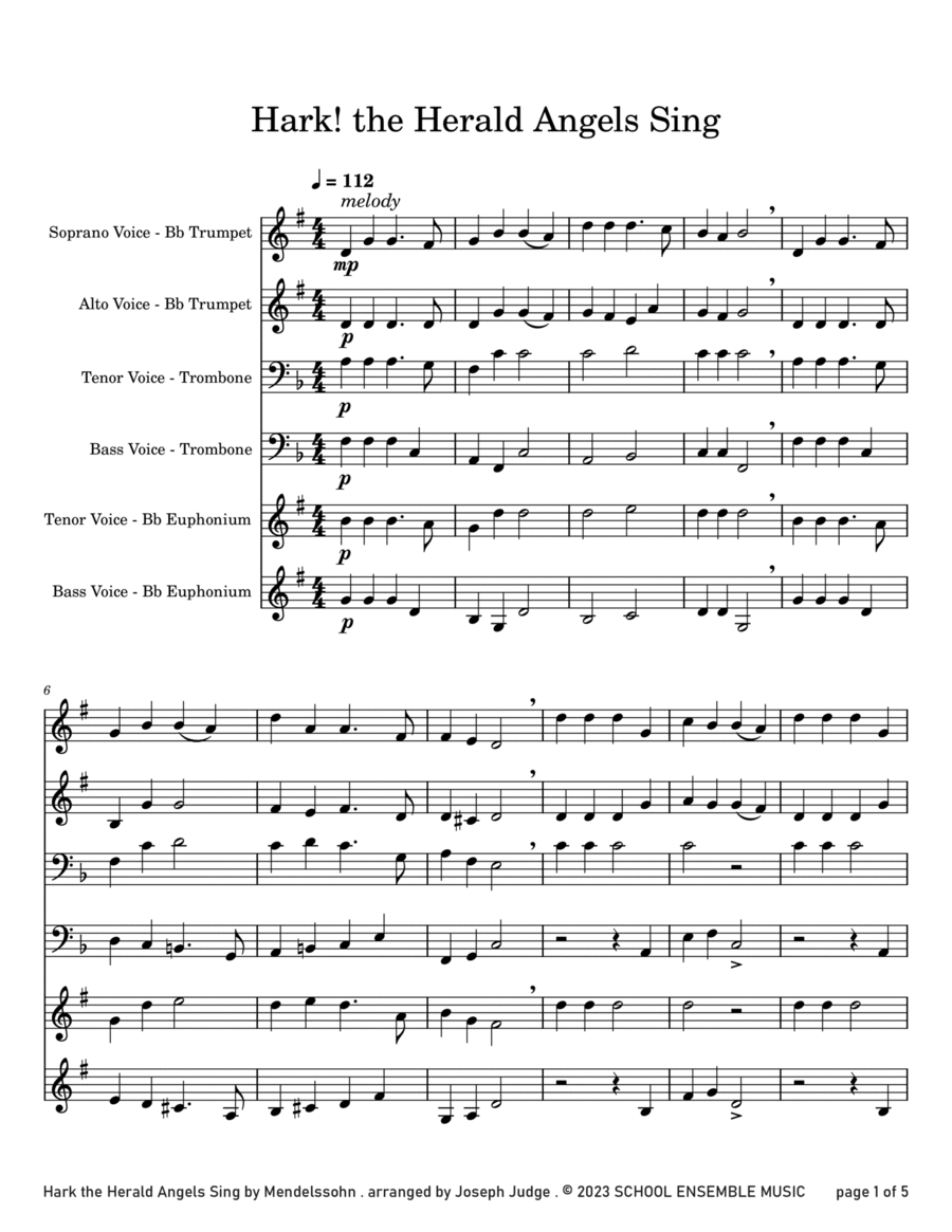 Hark The Herald Angels Sing for Brass Quartet in Schools Brass Quartet scores gallery preview page 1