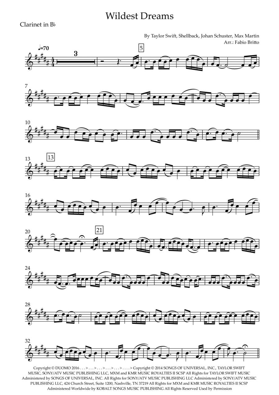 Wildest Dreams B-Flat Clarinet scores gallery preview page 1