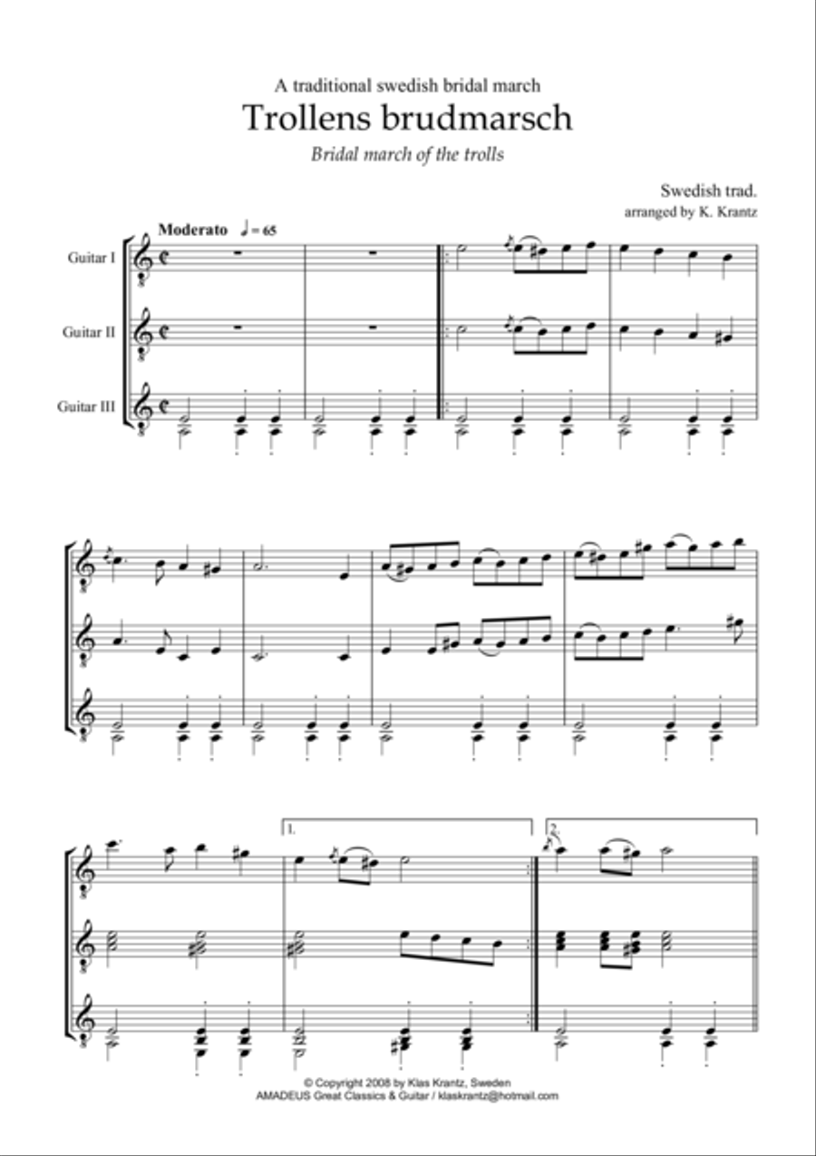 Trollens brudmarsch / Bridal march of the trolls for guitar trio Guitar Ensemble scores gallery preview page 1