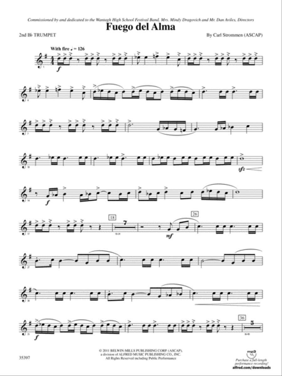 Fuego del Alma: 2nd B-flat Trumpet Concert Band scores gallery preview page 1