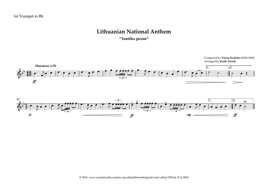 Lithuanian National Anthem for Brass Quintet (MFAO World National Anthem Series) image number null