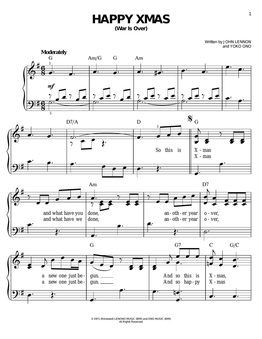 Happy Xmas (War Is Over) Easy Piano scores gallery preview page 1