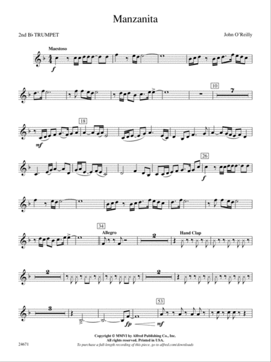 Manzanita: 2nd B-flat Trumpet Concert Band scores gallery preview page 1