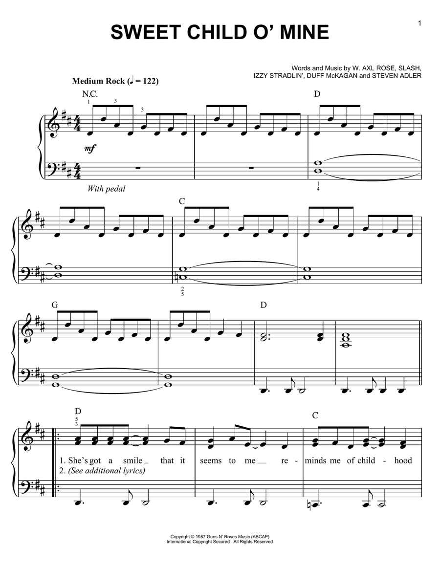 Sweet Child O' Mine Easy Piano scores gallery preview page 1