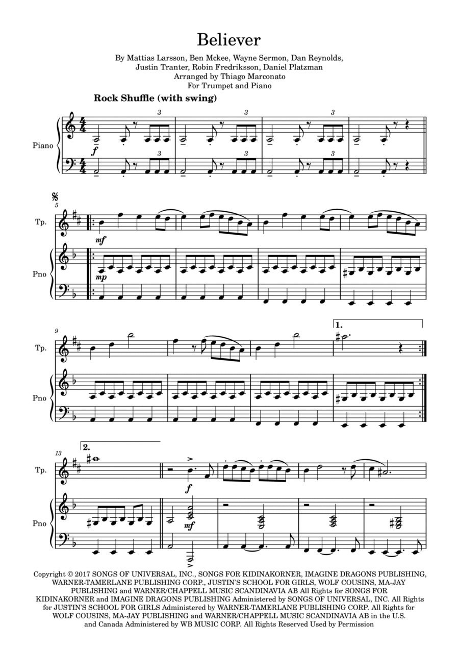 Believer B-Flat Trumpet scores gallery preview page 1