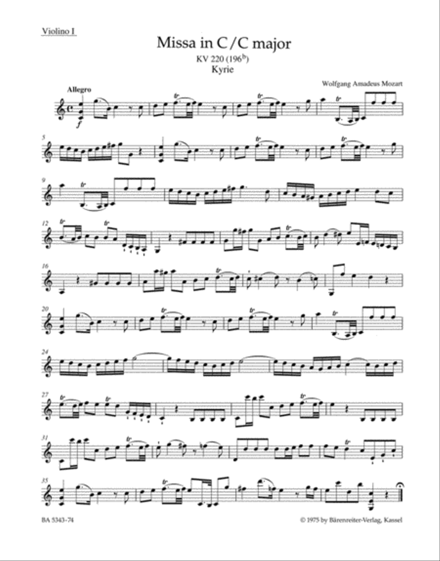 Missa C major, KV 220 (196b) 'Sparrow Mass' Violin scores gallery preview page 1