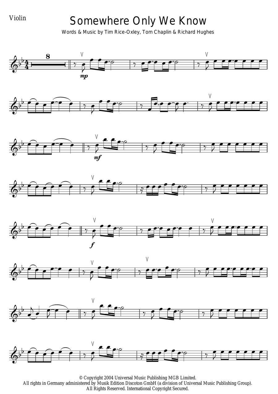 Somewhere Only We Know Violin Solo scores gallery preview page 1